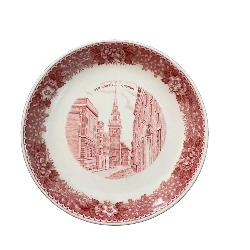 VTG Souvenir 4.75 Trinket Dish Old North Church Boston Red Transferware Adams